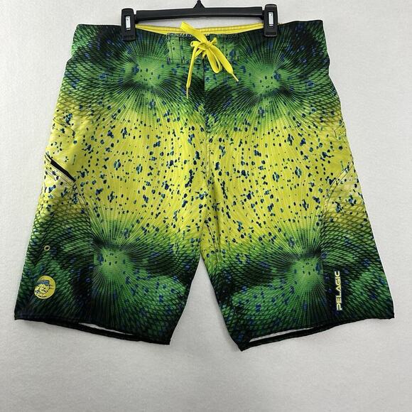 Pelagic Shark Skin Board Shorts Mens Waist 39 Green Yellow Surf **FLAWS READ - Picture 1 of 16